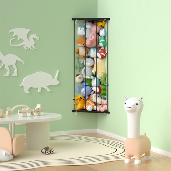 Stuffed Animal Storage Shelf Organizer(Patented) - Corner Stuffed Animal Holder Length Adjustable - Wall Plush Storage for Nursery Playroom Bedroom Kids Room (Black+Light, Standard)