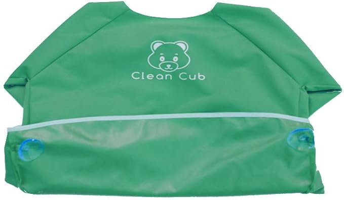 Clean Cub Baby Led Weaning BLW Long Sleeve Apron Bib with Suction Cups for Infant and Toddlers (Green, 6-12)