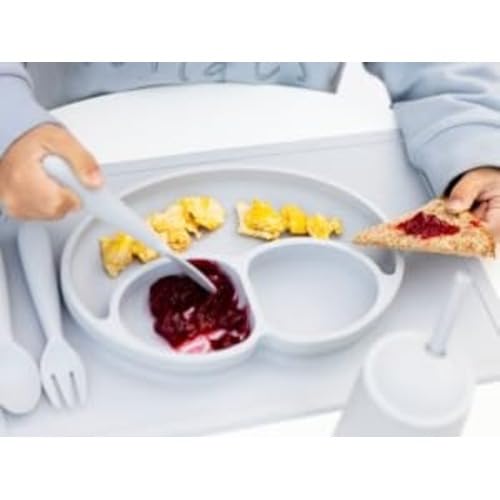 ezpz Happy Mat (Pewter) - 24 Months+ - 100% Silicone Suction Placemat + Divided Plate with Three Compartments - Toddler + Preschool Essentials