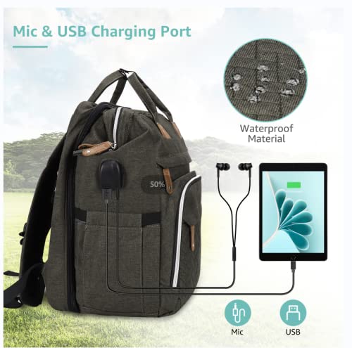 DERJUNSTAR Baby Diaper Bag Backpack with Changing Station Large Capacity Baby Bag for Boys & Girls, USB Charging Port, Pacifier Case, Sunshade & Toy Bar, Waterproof, Forest