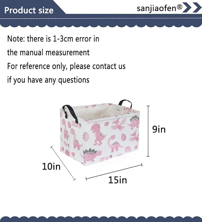 Sanjiaofen Rectangular Pink Baskets,Dinosaur Basket Cute Storage Basket Organizer for Kids Room Dinosaur Decor ,Clothers,Toys Box,Books,Kid's Gifts Storage. (Pink Dinosaur)