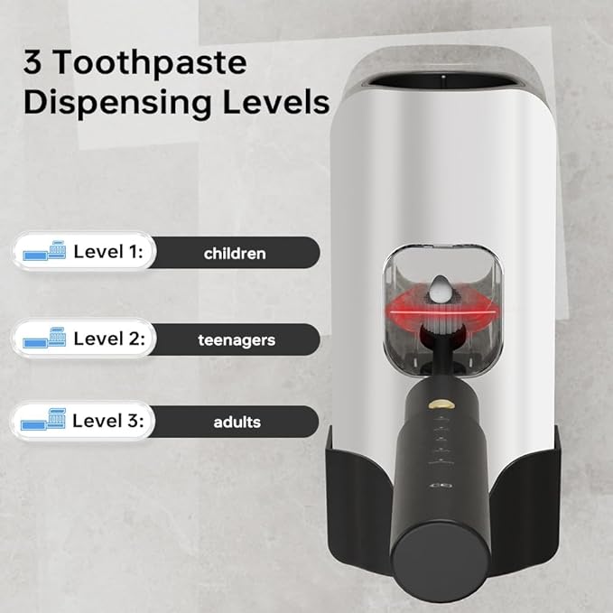 Smart Automatic Electric Toothpaste Dispenser for Kids - Wall Mounted Bathroom Squeezer with 3-Level Adjustment & 2 Toothbrush Slots (White)