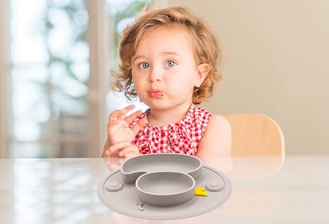 Linowos Baby Divided Plate Silicone- Portable Non Slip Child Feeding Plate with Suction Cup for Children Babies and Kids BPA Free Baby Dinner Plate Microwave Dishwasher Safe … (Duck-Gray)