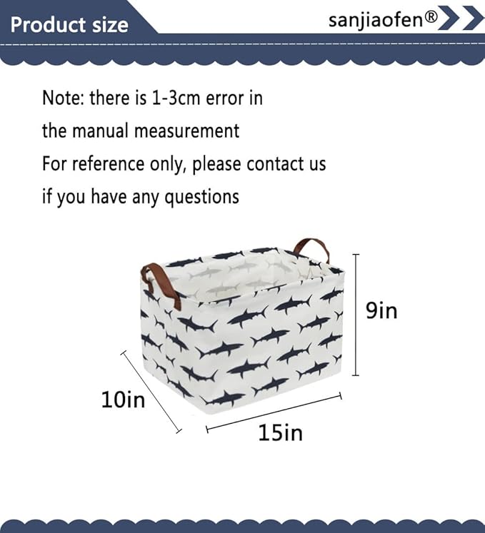 Sanjiaofen Rectangular Shark Basket,Kids Basket for Boys,Collapsible Toy Organizer Bin with Handles for Clothes Storage.(Sharks)
