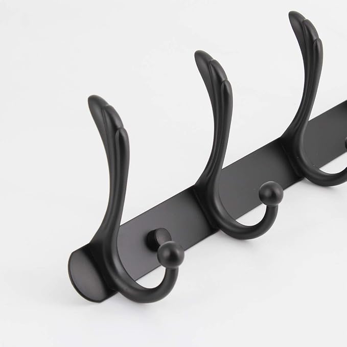 kimzcn Coat Rack Wall Mounted - 5 Tri Hooks, Heavy Duty, Metal Coat Hook Rail for Coat Hat Towel Purse Robes Mudroom Bathroom Entryway (Black)