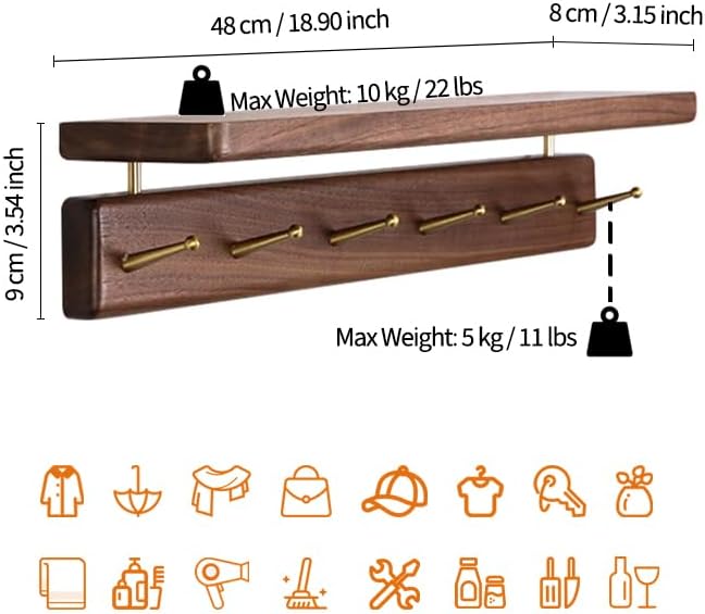Mayhas Solid Wood Shelf with Hooks, 19 inch Coat Rack Wall Mount, Shelves with 6 Brass Hooks for Hanging in Entryway, Living Room, Bathroom, Bedroom, Kitchen(Walnut)