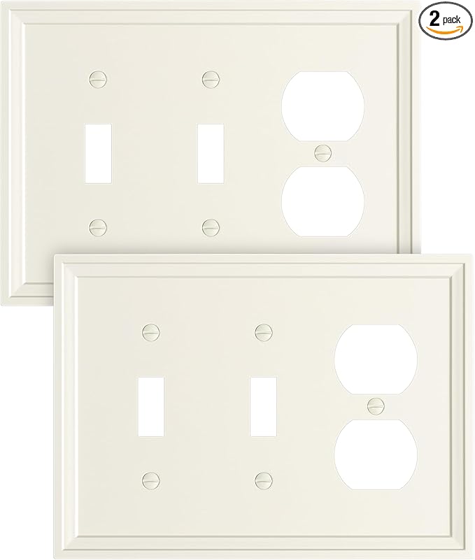 2-Pack Combo Duplex/Double Toggle Light Switch Cover Plate, Light Almond Modern Decorative Electrical Outlet Covers, Bamboo Fiber Wall Switch Plates and Outlet Covers