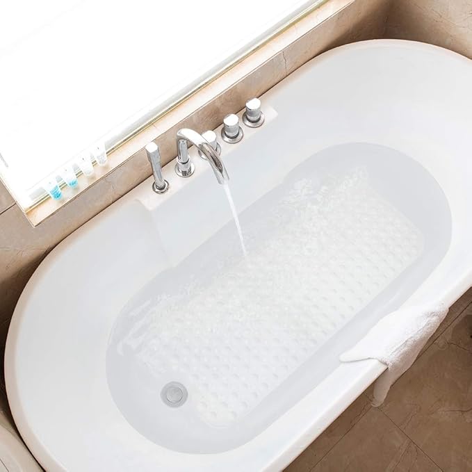 Tree Bud Bathtub Mats for Shower Tub Non-Slip Bath Mat 39 x 16 Inch Extra Long Shower Mat, Bath Tub Mat for Bathroom with Machine Washable, BPA Free for Kids (White)