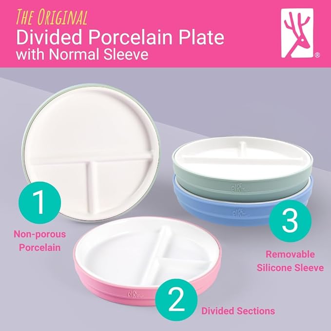 Elk and Friends Kids 7.8” Porcelain White Plates with Silicone Sleeves + Lids | Divided Plates | Suitable for Kids/Toddlers | Microwave & Dishwasher Safe | Non Slip | Snack Dishes…