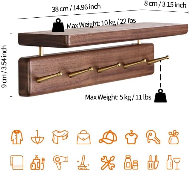 Mayhas Solid Wood Shelf with Hooks, 15 inch Coat Rack Wall Mount, Shelves with 5 Brass Hooks for Hanging in Entryway, Living Room, Bathroom, Bedroom, Kitchen(Walnut)