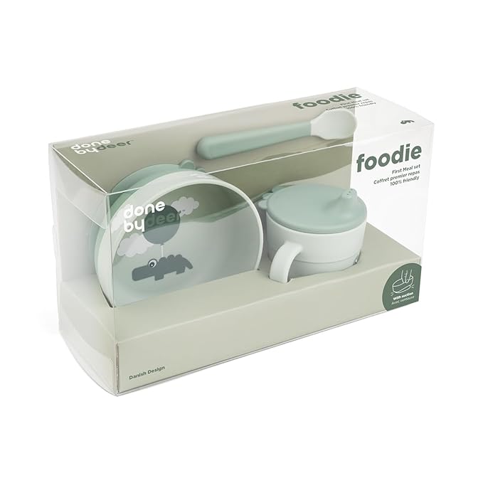 Done by Deer Foodie First Meal Set with Suction Base - Happy Clouds - Green - 3-Piece Toddler Feeding Set with Bowl, 2-Handle Spout Cup & Easy-Grip Spoon - Dishwasher & Microwave Safe
