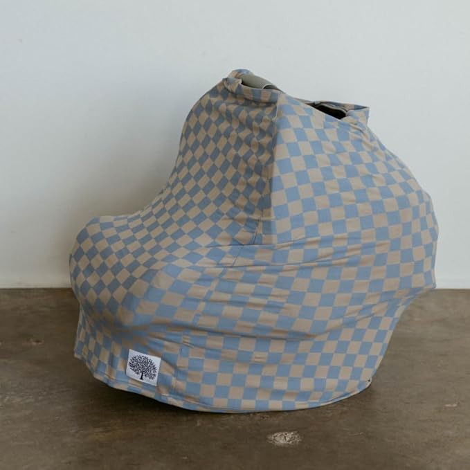 Parker Baby 4 in 1 Car Seat Cover for Girls and Boys - Stretchy Carseat Canopy, Nursing Cover, Grocery Cart Cover, High Chair Cover - "Stormy Blue Checker"