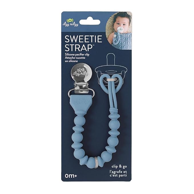 Itzy Ritzy Silicone Pacifier Clip – 100% Food Grade Silicone Pacifier Strap with Clip Keeps Pacifiers, Teethers & Small Toys in Place Features One-Piece Design & Cord (Blue)