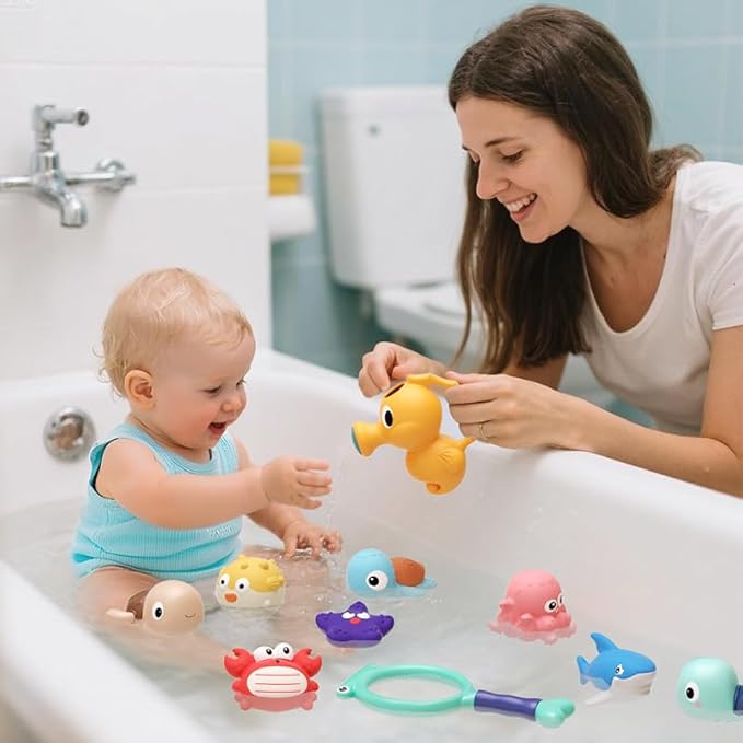 XAWACAH Bath Toy for Toddlers 18 Months, No-Hole Bathtub Toys with Baby Bath Animals, Wind-Up Turtles, Fishing Net & Storage Bag, Floating Toys for Toddlers 1-3 Year Old Boys Girls (11 Pack)