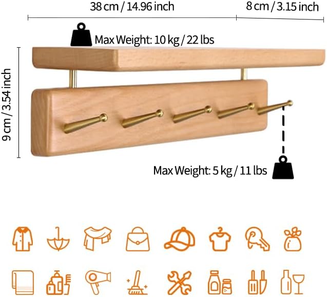 Mayhas Solid Wood Shelf with Hooks, 15 inch Coat Rack Wall Mount, Shelves with 5 Brass Hooks for Hanging in Entryway, Living Room, Bathroom, Bedroom, Kitchen(Beechwood)