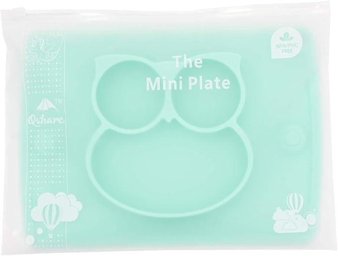 Silicone Divided Toddler Plates - Portable Non Slip Suction Plates Placemat for Children Babies and Kids BPA Free Baby Dinner Plate Bowl (Owl-Cyan)