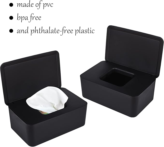 Cuayaes Black Tissue Box Cover, Refillable Baby Wipes Dispenser with Sealed Lid, Modern Desktop Tissue Box Holder Napkin Organizer Container for Bathroom Car Office