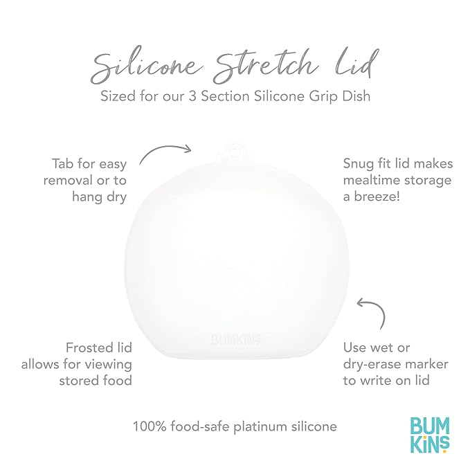 Bumkins Toddler and Baby Suction Plate, Divided Grip Dish Cover for Babies and Kids, Baby Led Weaning, Feeding Supplies, Store and Label Leftovers, Food Prep Portions, Fits Bumkins Dish and Plate
