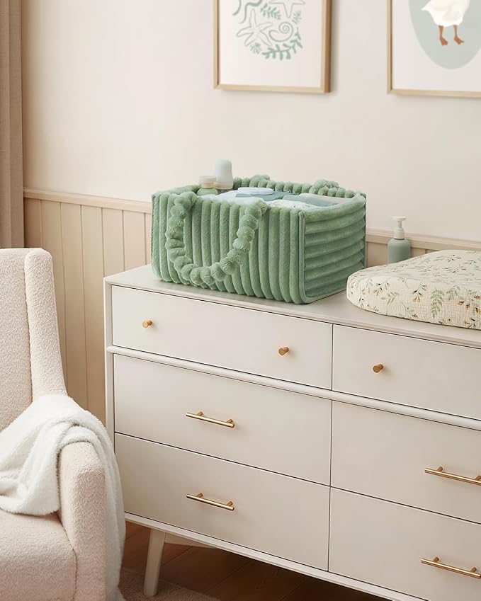 Blissful Diary Flannel Diaper Caddy Organizer, included Gift Packaging, Cozy Nursery Storage Basket, Gift for Baby Shower, Newborn Essentials, Sage Green