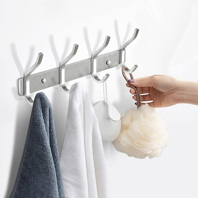 HAMUTH 12 Inch Wall Hooks, 304 Stainless Steel Coat Hanger Wall Mount with 4 Hooks, Silver Coat Hooks for Hanging Backpack,Bag, Purse,Clothes,Towel | Entryway & Bathroom Storage Organization Hanger