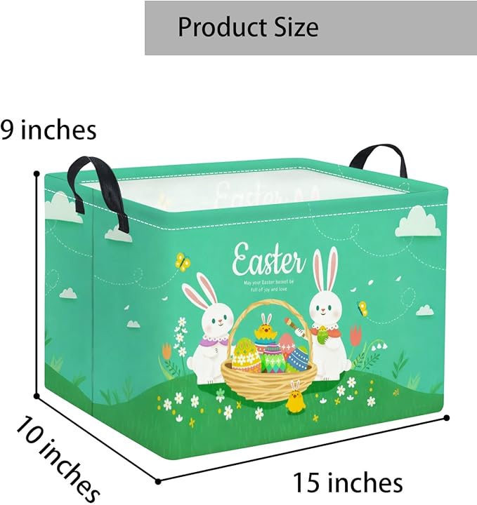 TIBAOLOVER Rectangular Easter Basket for Home Kitchen Baby Girls Basket Cute Storage Bin Organizer Shelf Book Room Decor(Green Cute Bunny)