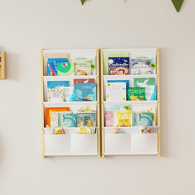 Wood 4-Tier Wall Mounted Kids Bookshelf – Floating Book Shelf For Kids Rooms,Nursery & Classroom, Hanging Bookcase Organizer For Books, Nursery Shelves, Toddler Book Shelf, Montessori Bookshelf 2 pack