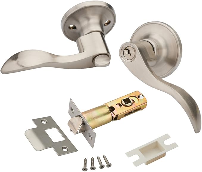 1 Pack of HENYIN Wave Lever Keyed Entry Door Lock/Door Knob Hardware Handle and Closet Lockset, Silver Color, with Key,Right Hand(805SN-R)