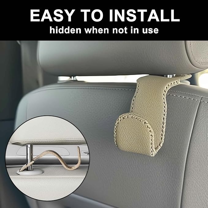 Car Seat Hooks for Purses and Bags, 4 Pack Car Purse Holder for Grocery Bag Handbag Clothes, Metal Headrest Hooks Covered by Leather, Beige