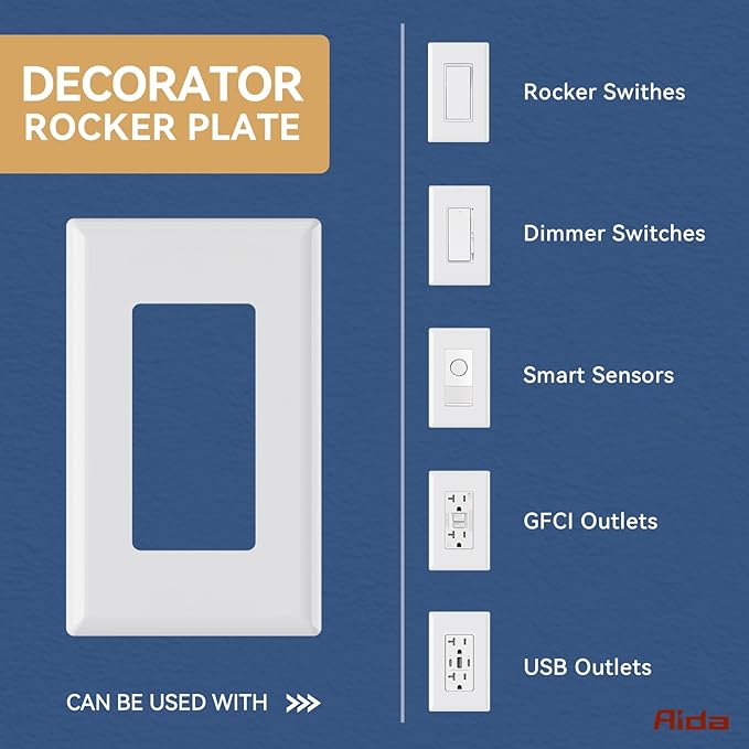 AIDA 1-Gang Screwless Decorator Wall Plates, Standard Size Unbreakable Thermoplastic Faceplate Cover for Decorator Receptacle Outlet Switch, UL Listed (4 Pack, Glossy White)
