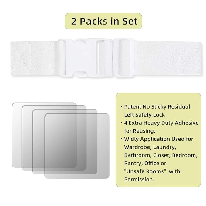 Child Proof Door Lock Latch with Adjustable Strap for Cat Litter Box Room, Cats Enter Easily But No Kids (2 Packs) Reusable Baby Safety Lock, Install in Seconds On Door Frame Only (White)