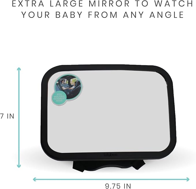 Lulyboo Large Baby Car Mirror with 360 Rotation & Adjustable Straps, Extra Wide Rear Facing Mirror for Safe Driving, Fits All Headrests, Black