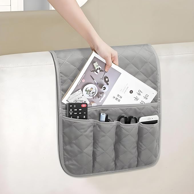 Sofa Armrest Organizer Non-Slip Arm Chair Bedside Caddy Storage Organizer for Recliner Couch with 5 Pockets for Cell Phone TV Remote Control Magazines (Grey)