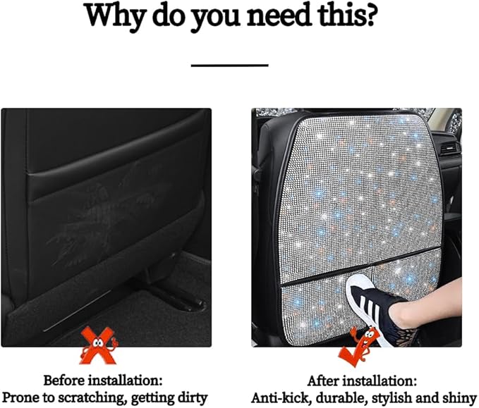 Bling Crystal Car Seat Back Kick Protectors with Storage, Sparkly Diamond Kick Mats, Universal Seat Protector for SUV and Automotive Crystal Auto Accessories for Women White 2pcs