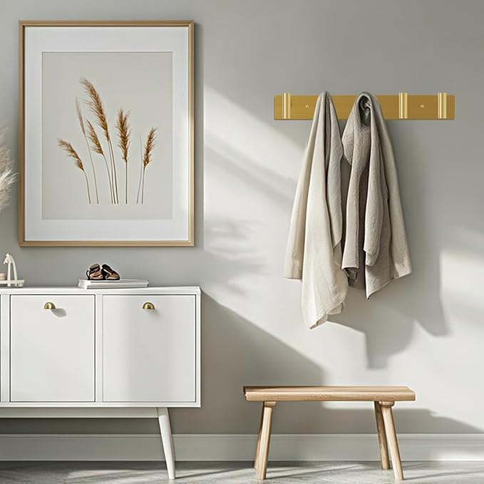 Coat Rack Wall Mount - 5 Hat and Coat Hooks, Heavy Duty Towel Racks for Bathroom Entryway, Wall Hooks for Hanging Robes Bags, Hat Rack Key Hanger Organizer (Gold)
