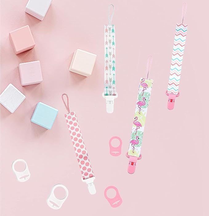 4 Pcs Baby Dummy Strap Clip, Pacifier Clip Dummy Holder Straps with 4 Silicone Adapter, Soother Chains Clips Fit All, Soothers, Teething Toys, Baby Essentials