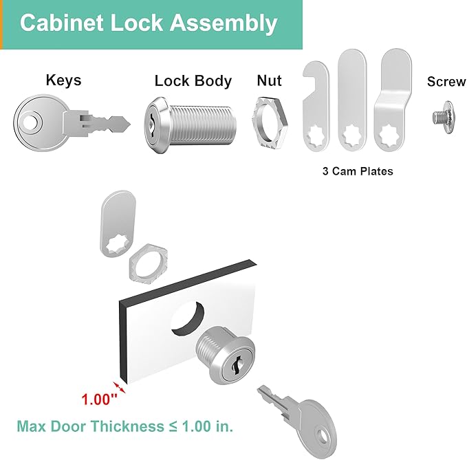 6 Pcs Cabinet Lock with Key Mailbox Locks with Keys, Cam Locks 1-1/8" Keyed Alike, Barrel Desk Drawer Lock for Drawers and Cabinets, Zinc Alloy