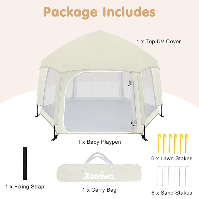 Zooawa Pop Up Playpen for Baby, Portable Playpen for Babies and Toddlers with Removable Sun-Shades& 2 Side UV Covers, Lightweight Outdoor Baby Play-Pen for Beach Home with Travel Bag, Beige