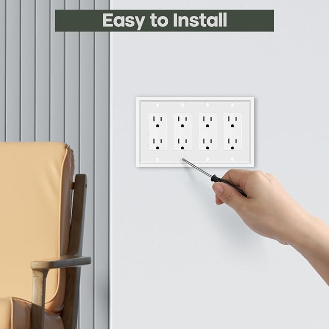 Dyekou Light Switch Cover Plate White Classic Decorative Switch Plates Cover Bamboo Fiber Wall Plate Cover for Decorator, Duplex, Toggle, Combo(4-Gang Quad Decorator,1 Pack), NF010