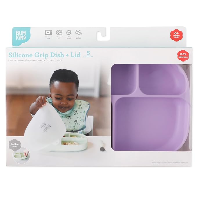 Bumkins Toddler and Baby Suction Plate, Silicone Divided Grip Dish and Lid, Large 5-Section Tray for Kids, Essentials in Children Feeding Supplies, Non Skid Stick Bottom, Ages 6 Months Up, Lavender