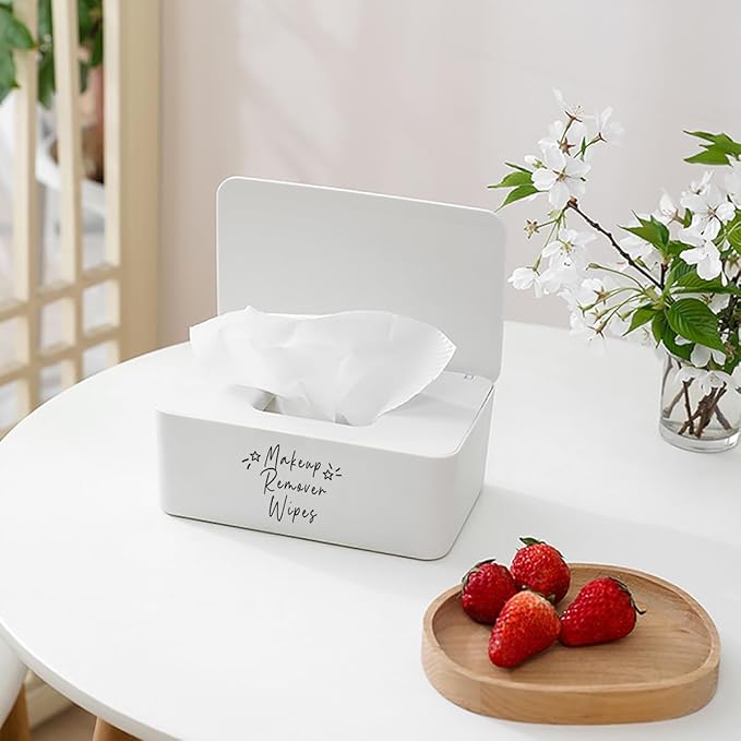Moorfowl Makeup Remover Wipes Container,7.28" L * 4.80" W * 2.75" H, Makeup Wipes Holder Dispenser Chic for Bathroom Vanity Dressing Table (White)