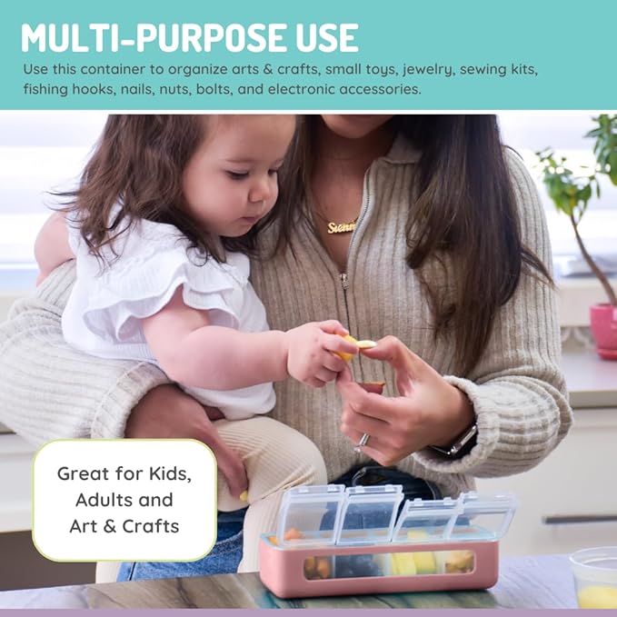 melii Snackle Box | 4-Compartment Snack Container with Individual Lids, BPA-Free Food Storage for Travel, School & On-the-Go Snacks, Kids & Family Organizer (Pink)