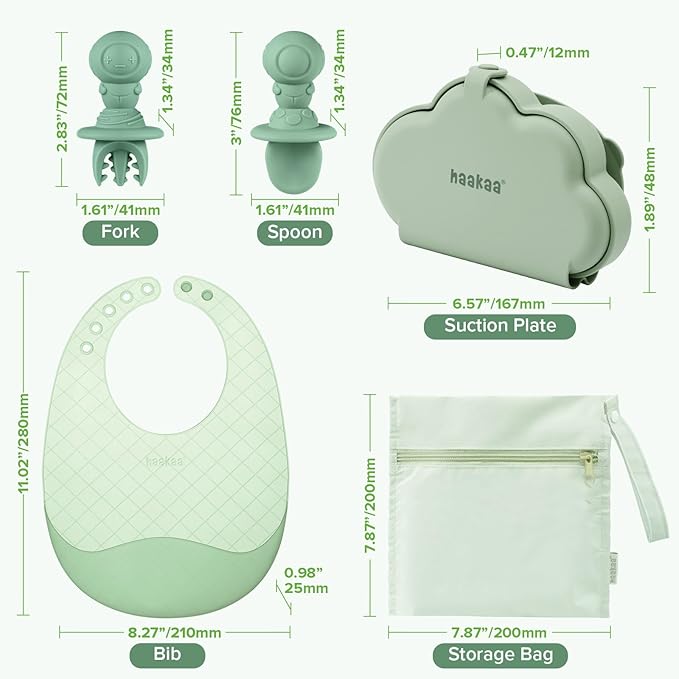 haakaa Cloud Crew Silicone Travel Baby Feeding Set with Foldable Suction Baby Plate, Silicone Bib, Baby Spoon and Fork, Waterproof Travel Bag, 6M+