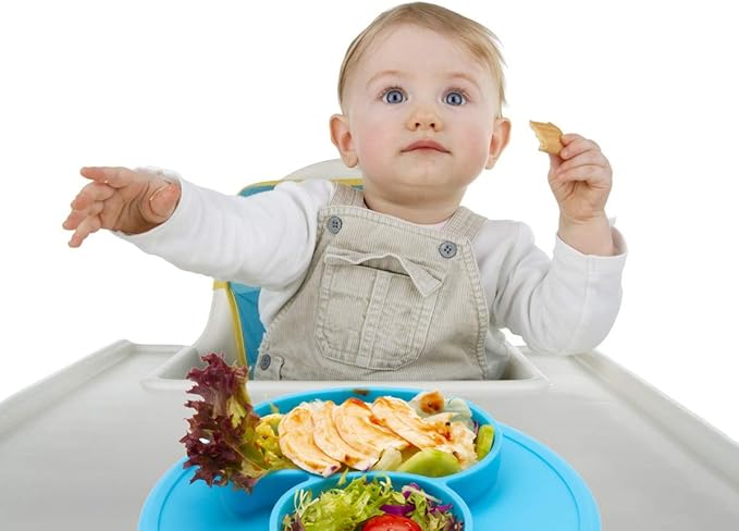 Linowos Baby Divided Plate Silicone- Portable Non Slip Child Feeding Plate with Suction Cup for Children Babies and Kids BPA Free Baby Dinner Plate Microwave Dishwasher Safe … (Duck-Blue)