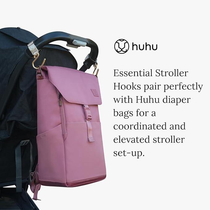 Huhu Essential Stroller Hooks - Lightweight Aluminum Stroller Bag Hook with Adjustable Straps, Matte Gold S-Hooks for Diaper Bag, Shopping, Everyday Essentials – Universal Fit Baby Stroller Accessory
