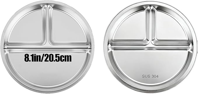 PandaEar 3 Pack Stainless Steel Divided Plates for Kids, 8.1” Portion Control Plates with 3 Compartments, Reusable Metal Dishes for Balanced Meals, Camping & Home Use (3, Silver)