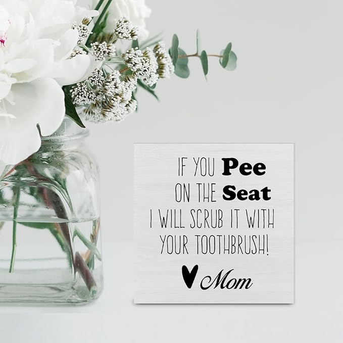 Country Farmhouse Bathroom Wood Box Sign Decor Desk Sign Humor Bathroom Restroom Wooden Box Block Sign Home Shelf Wall Decoration Gift for Mom