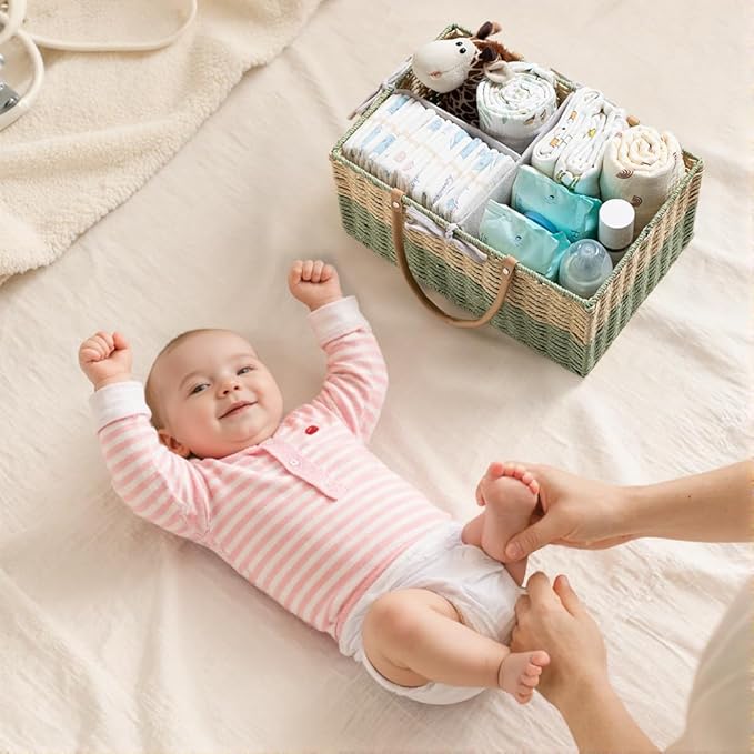 HBlife Large Baby Diaper Caddy Organizer, Paper Rope Storage Baskets Nursery Bin with Removable Divider, Portable Car Organizer for Diapers, Baby Shower Gifts, Newborn Essentials Must Haves