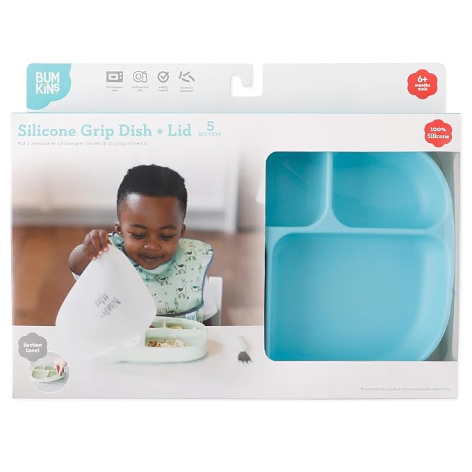 Bumkins Toddler and Baby Suction Plate, Silicone Divided Grip Dish and Lid, Large 5-Section Tray for Kids, Essentials in Children Feeding Supplies, Non Skid Stick Bottom, for Ages 6 Months Up, Blue