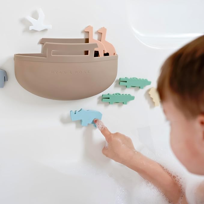 Noah's Ark Suction Toys - 1 Ark, 14 Animals (7 Pairs) - Toddler Bath Toys, Baptism Gifts for Boys, Mold Free No Hole Silicone