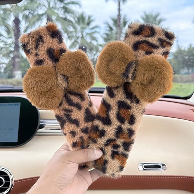 2 Pack Seat Belt Cover Pad, Cute Kawaii Leopard Print Bow Tie Seatbelt Covers Seatbelt Shoulder for More Comfortable Driving, Plush Fluffy Soft Seat Belt Cover, Car Seats Accessories, 02